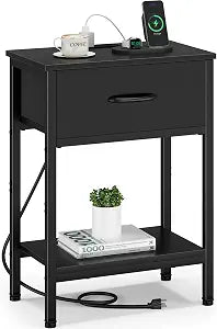 Vagusicc Black Nightstand with Charging Station, End Table with Fabric Drawer, Small Side Table with 2-Tier Storage Shelves, 25.4" Tall Bedside Table, Black Night Stand for Bedroom, Living Room, Dorm