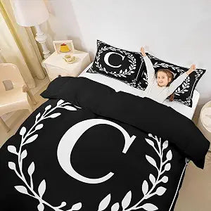 Erosebridal Monogram Letter C Comforter Cover Queen Size Black and White Duvet Cover for Boys Boho Damask Floral Bedding Set Vintage Rustic Bed Set Personalized Gifts for Adult Teen Girls Frends