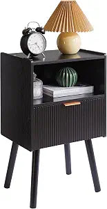 Aibiju Modern Nightstand with Drawer, Bedside Tables, Mid Century Nightstands with Open Storage Shelf, Wood Leg Bedside Table, Small Night Stands for Bedrooms, 2-Tier Night Table, Black YD-TM061B