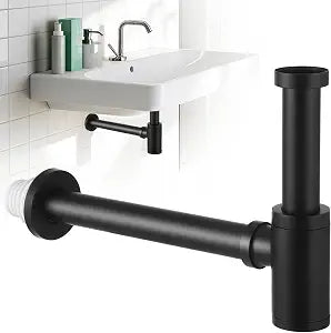 Brass Round Bottle P Trap, Matte Black Decorative Sink Drain Kit, Adjustable Height Bathroom Basin Waste Pipe, Wall Drainage Assembly for Vessel Sinks, Modern Plumbing Accessory