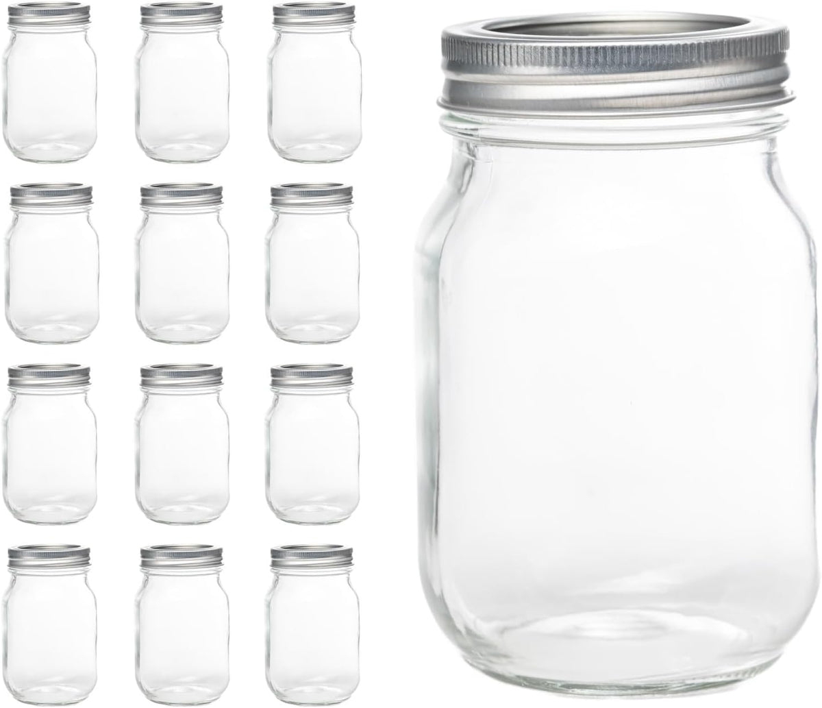 12 Pcs Mason Jars 16oz Regular Mouth, Glass Jars with Silver Metal Lids and Rings, Canning Jars for Overnight Oats, Food Storage, Dry Food, Snacks, Candies and More
