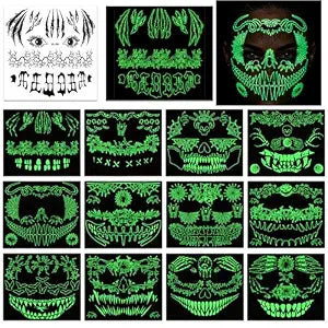 12 Pcs Glow in the Dark Face Tattoos, Halloween Skeleton Stickers