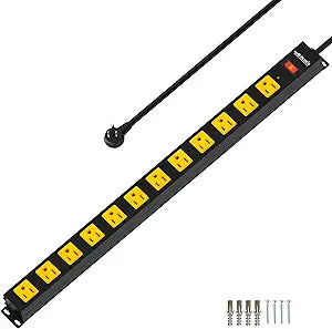 12 Outlet Long Power Strip, 2100 Joules Surge Protector, 6FT Power Cord, Wide Spaced Outlet Power Bar, Overload Protection Switch, Industrial Heavy Duty for Work Bench, Shop, Garage