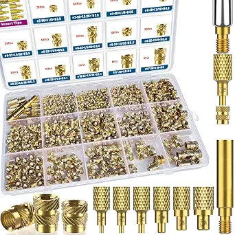 513Pcs SAE Threaded Inserts, #2-56#4-40#6-32#8-32#10-32 1/4"-20 Female Thread Knurled Nuts Assortment Kit, Brass Heat Set Insert for Plastic and 3D Printing Components