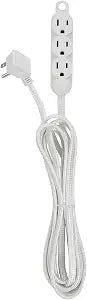 Globe Electric 22986 12ft Fabric Extension Cord, 3 Grounded Outlets, Right Angle Plug, Integrated Hanging Hook, White, Home Decor, Modern Electronic Accessories, Indoor Power Cable