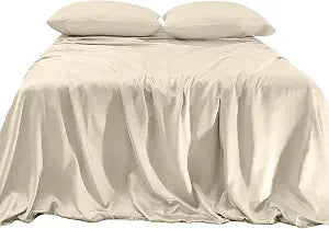 Elegant Comfort Luxurious 4-Piece Silky Satin Sheet Set, Skin and Hair Friendly, Wrinkle, Fade, Stain Resistant with Deep Pockets Fitted Sheet, Cooling Soft Satin Sheet Set, King, Cream