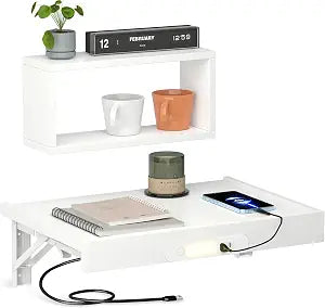 TEAMIX Floating Nightstand with Charging Station, Wall Mounted Folding Bedside Shelf Combo Wood Nightstand with Led Light USB Type C Ports, Bed Side Storage Tray Caddy for Bedroom, Living Room, Dorm