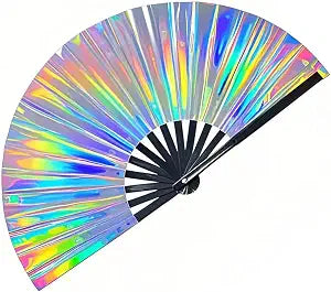 dmjuncong Large Holographic Hand Rave Fan Foldable, 13in Folding Fan with Premium Fabric, Portable Sturdy Bamboo Ribs Paper Handheld Fans for Festival, EDM, Party, Club, Music, Outfit Accessories