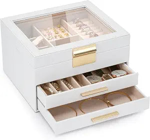 Jewelry Box for Women, 3-Layer Jewelry Box, Jewelry Organizer with Clear Glass Lid and Drawers, Jewelry Organizers and Storage for Necklaces, Rings, Earrings, Bracelets(White)