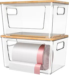 spospo 2 Pack Trash Bag Holder with Bamboo Lid Stackable Trashbag Dispenser