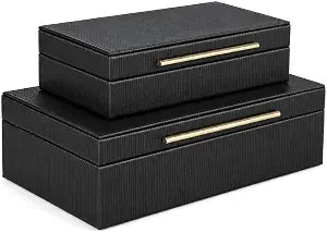Black Decorative Storage Boxes with Lids, Faux Leather Keepsake