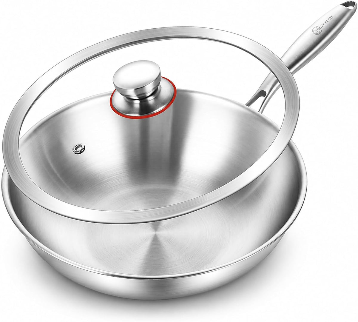 12.5-Inch Tri-Ply Stainless Steel Wok Pan with Lid | Detachable handle