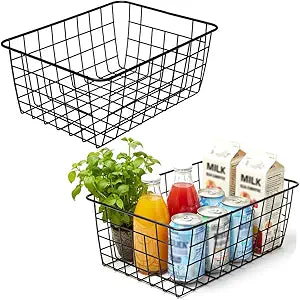 Kitchen Wire Baskets Farmhouse Decor Metal Food Storage Organizer, Household Refrigerator Bin with Built-in Handles for Cabinets,Pantry Set of 2 Black
