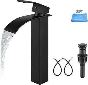 Aolemi Tall Bathroom Faucet Vessel Sink Faucet Single Hole 1 Handle Lavatory Vanity RV Deck Mount Mixer Tap with Pop Up Drain Assembly, Matte Black, Waterfall Spout