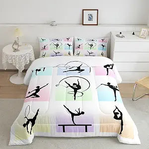 Gymnastics Comforter Set Full Size,Gymnast Silhouette Bedding Set 3Pcs for Kids Girls Woman Teens Room Decor,Sports Dancing Lover Quilt Set Colorful Grid Patchwork Duvet Insert,2 Pillowcases