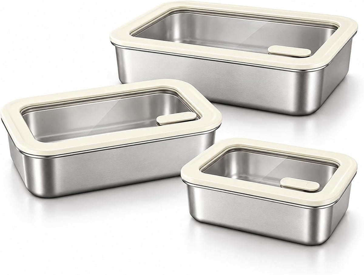 Misenware Stainless Steel Storage Containers, With Glass Lid, Airtight Leakproof Stainless Steel Storage Containers in Set of 3, Easy Clean,Airtight&leakproof for Kitchen Storage,Dishwasher Safe