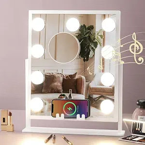 Fancii Vanity Mirror with Lights, BT Speaker, Wireless Charging - Detachable 10X Magnifying Mirror, 9 Hollywood Bulbs, LED Lighted Makeup Mirror with Phone Stand, 3 Color Modes, Adjustable Tilt