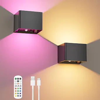 Motion Sensor Wall Lights with Remote, 5000mAh Rechargeable Battery Operated Wall Sconces, Wireless Indoor Up Down Lights, 12 RGB Colors, Warm Orange & Cool White for Hallway Stairs Bedroom, 2 Pack