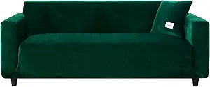 Stretch Sofa Slipcover, Soft Velvet Sofa Couch Covers with Pillowcase Furniture Protector for Pets Kids (Large, Dark Green)