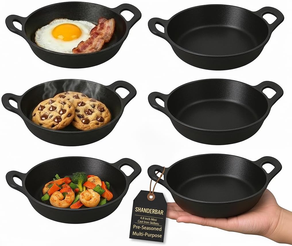 Set of 6 Mini Cast Iron Skillets with Handle, 4.8 x 4.8 x 1.3 Inch