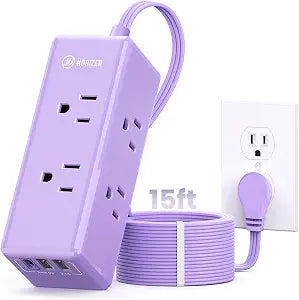 Purple Extension Cord 15 ft,HONIZER Power Strip Long Cord,6 Outlets & 3 USB Ports (1 USB-C), Cute,Desktop Power Strip for Home Office Dorm Desk Accessories