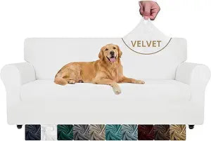 YEMYHOM Real Velvet Couch Covers for 3 Cushion Couch High Stretch 1 Piece Sofa Cover Pets Dogs Friendly Anti Slip Thickened Slipcovers Furniture Protector for Living Room (71"-91", White)