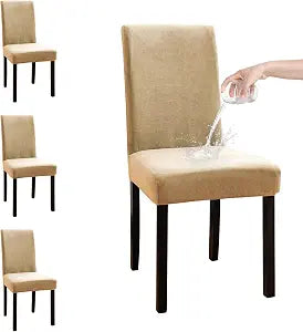 100% Waterproof Chair Covers for Dining Room Set of 4, Soft Thick Velvet Stretch Parson Chair Slipcovers for Kitchen Chairs, Removable Washable Chair Protector, Camel