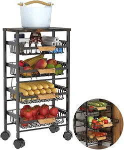 CarolynDesign 5 Tier Metal Wire Basket Cart on Wheels, Stackable Storage Bins for Kitchen, Living Room, Bedroom, Bathroom, Free Stand Vegetable Fruit Racks with Pull Out Drawers