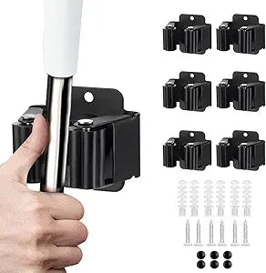 JAMEND CLXP 6PCS Broom and Mop Holder, Heavy Duty Garden Tool Organizer Rack Rake and Shovel Handle, Stainless Steel Mop Hanger. Screws for Wall Mounted. Matte Black