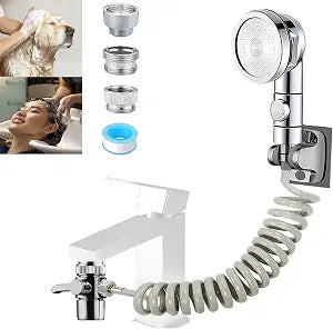 Sink Sprayer Attachment for Faucet, Kitchen Bathroom On/Off Handheld Shower Head with Flexible Hose, Faucet Aerator & Diverter Valve, Connect Different Sink Faucets, for Hair Washing Pet Shower