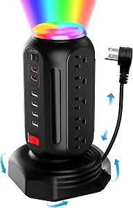 Power Strip Tower 15 Outlets 6 USB Ports, Surge Protector with Colorful Led Light & USB Fast Charge,Desktop Charging Station with 6.5ft Heavy Duty Extension Cord for Home Office(Black)