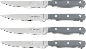DURA LIVING Premium 4-Piece Steak Knife Set  Sharp Serrated Blades, Forged High Carbon Stainless Steel, Full Tang, Ergonomic Handle, Elegant Gray Finish  Ideal for Dining & Entertaining