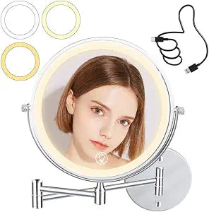 Unimiro 9inch Wall Mounted Makeup Mirror with Light, 1x/20x 5000mAh Rechargeable Magnifying Mirror with Light, 360 Rotate Bathroom Mirror with Lights, 3 Color, 80 LEDs, Stepless Dimmable