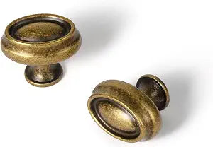 Antique Brass Cabinet Knobs, Set of 12, Oval Double Ring Detail