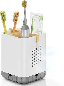 Boperzi Toothbrush and Toothpaste Holder with Bamboo Divider for Bathroom Countertop Organizer, Plastic Detachable Anti-Slip Large Electric Toothbrush Holders Storage Caddy Drainage for Family, Kids