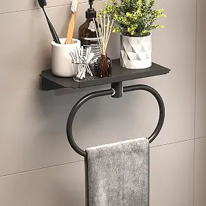 Modern Wall Mounted Towel Rack with Storage Shelf, Black Metal Bathroom Towel Bar, Space-Saving Bathroom Accessories