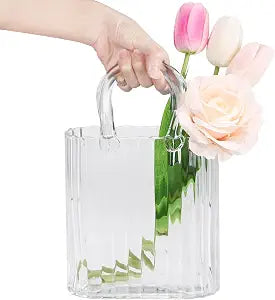 Modern Purse Vase for Flowers,Clear Modern Glass Bag Vases with Vertical Stripes for Home Decors .Elegant Purse Flower Vase for Centerpiece,Floral Arrangement