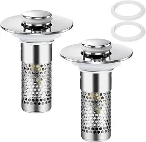 Bathroom Sink Drain Stopper Upgraded Pop Up Sink Drain Strainer Universal for 1.1"-1.29" Inch with Removable Stainless Steel Filter Basket Hair Catcher