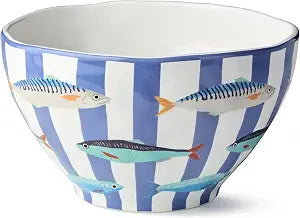 Something Fishy Ceramic DEEP SERVING BOWL 9 x 5 Inches, coastal striped serving bowl with colorful fish artwork