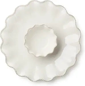 Heritage Ivory Stoneware Chip & Dip Set, 2-Piece  15 Scalloped Serving Platter with 6 Dip Bowl (14oz)  Elegant Ripple-Edge Design for Entertaining, Snacks, & Appetizers