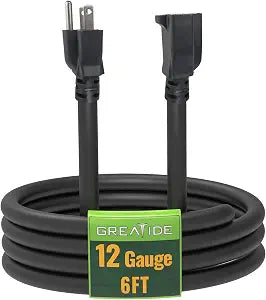 6 Ft Outdoor Extension Cord - 12/3 SJTW Heavy Duty Black Extension Cable with 3 Prong Grounded Plug - Power Cord for Lawn, Garden, Appliances