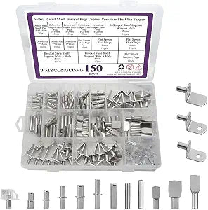 WMYCONGCONG 150 PCS Shelf Bracket Pegs Kit, 7 Styles Shelf Pins Shelf Support Pegs Cabinet Shelf Holders Pegs for Shelves Book Shelf Closet Metal Nickel Plated
