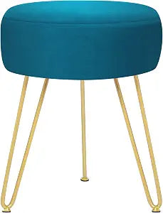 GERANT Multifunctional Vanity Stool - Velvet Footrest Stool-Upholstered Chair Stool -Ottoman Round Modern Dressing Chair - Side Coffee Table Seat with Golden Metal Leg for Living Room (Peacock Blue)
