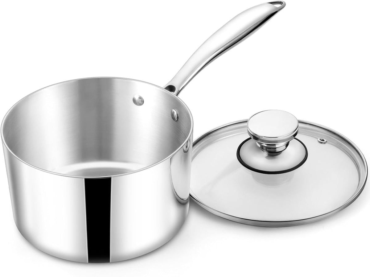 TeamFar 2qt Saucepan with Lid, Stainless Steel Tri-Ply Sauce Milk Pan
