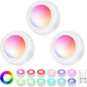 LED Puck Lights with Remote Control, Wireless Under Cabinet Lighting,Color Changing Lights with Dimmer and Timer, AAA Battery Operated Powered Push Night Lights (3 Pack White)