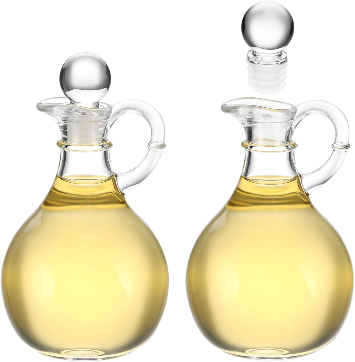 QWORK Glass Oil and Vinegar Cruets Set of 2, 8oz Clear Glass Olive Oil Dispenser Bottles with Airtight Stoppers, Round Salad Dressing Containers