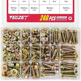 240PCS Grade 8.8 M5 M6 M8 Flanged Bolts and Nuts Kit, Metric Flanged Hex Screws Nuts Includes 14 Most Common Sizes