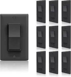 TOPELER Decorator Paddle Rocker Light Switch with Wallplates, Single Pole On/Off Rocker Electrical Switch, Self-grounding Clip, Residential Grade,15A 120V/277V, 10 Pack, Black
