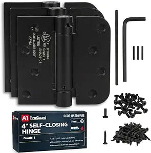A1 ProGuard - Self Closing Spring Loaded Hinges, 4 Inch, Adjustable Tension for Garage, Front, Back Door,Door Closer Hinge, Left/Right Hand, 5/8'' Radius and Square Corners, Black Color, 3 Pack