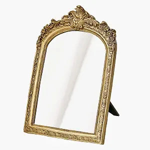 HSDDHOME Small Gold Vintage Vanity Desk Makeup Mirror Antique Decorative Wall Mirror,Resin Carved Arch Table Mirror with Stand for Living Room,Bedroom Dresser,Desktop Decor 10.2" x 7" 